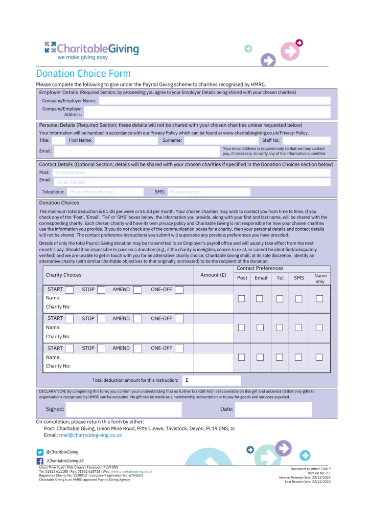 Charitable Giving Payroll Giving form