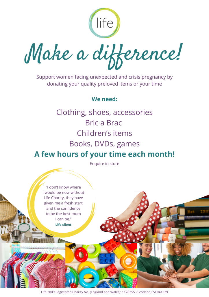 Poster with colourful toys, clothes, shoes and gifts from a Life Charity Shop in the UK encouraging donations of items to the shop and a call to Make a Difference and volunteer